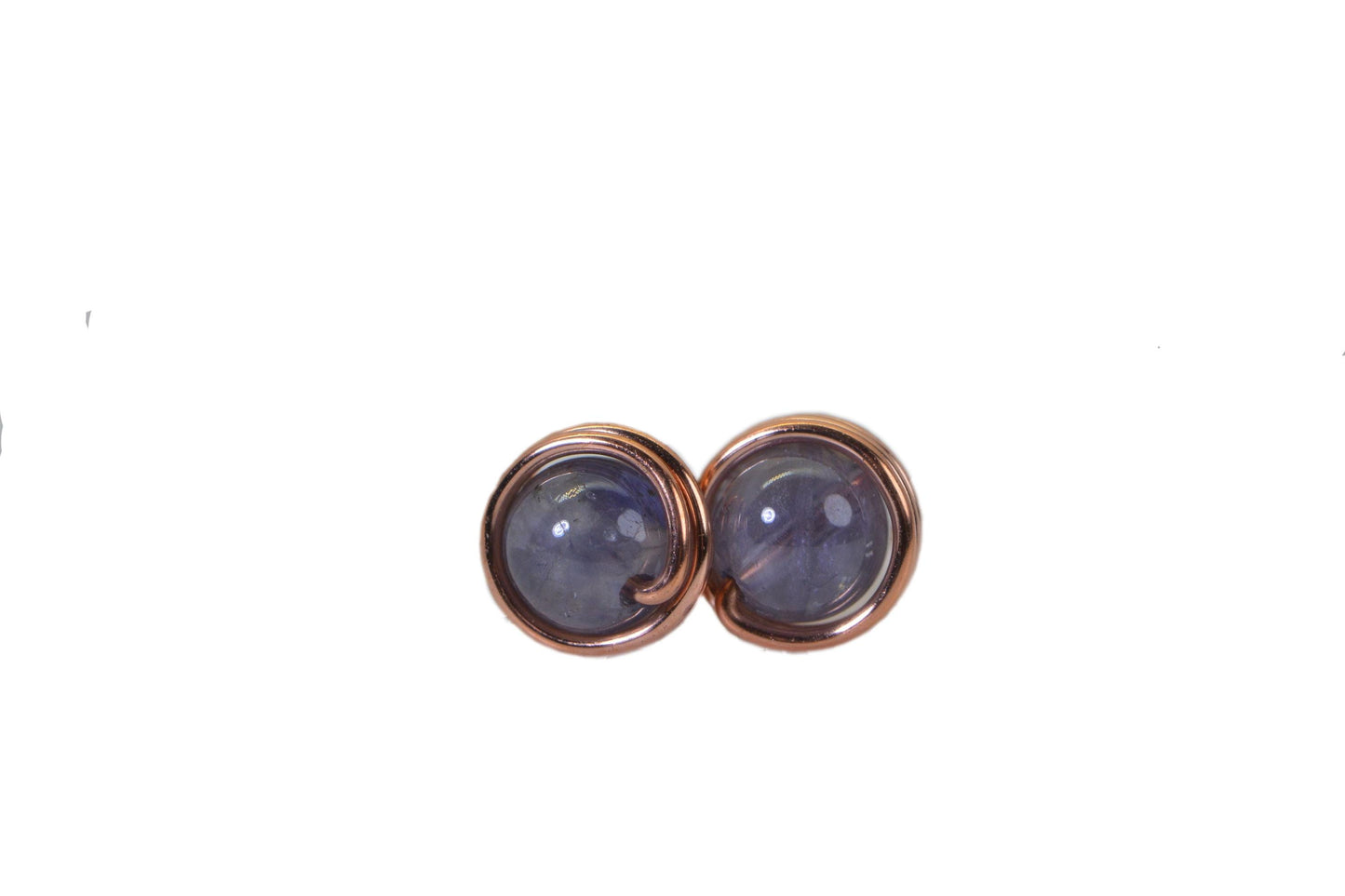 Blue Iolite Stud Earrings: Handmade Copper Wire Wrapped Gemstone