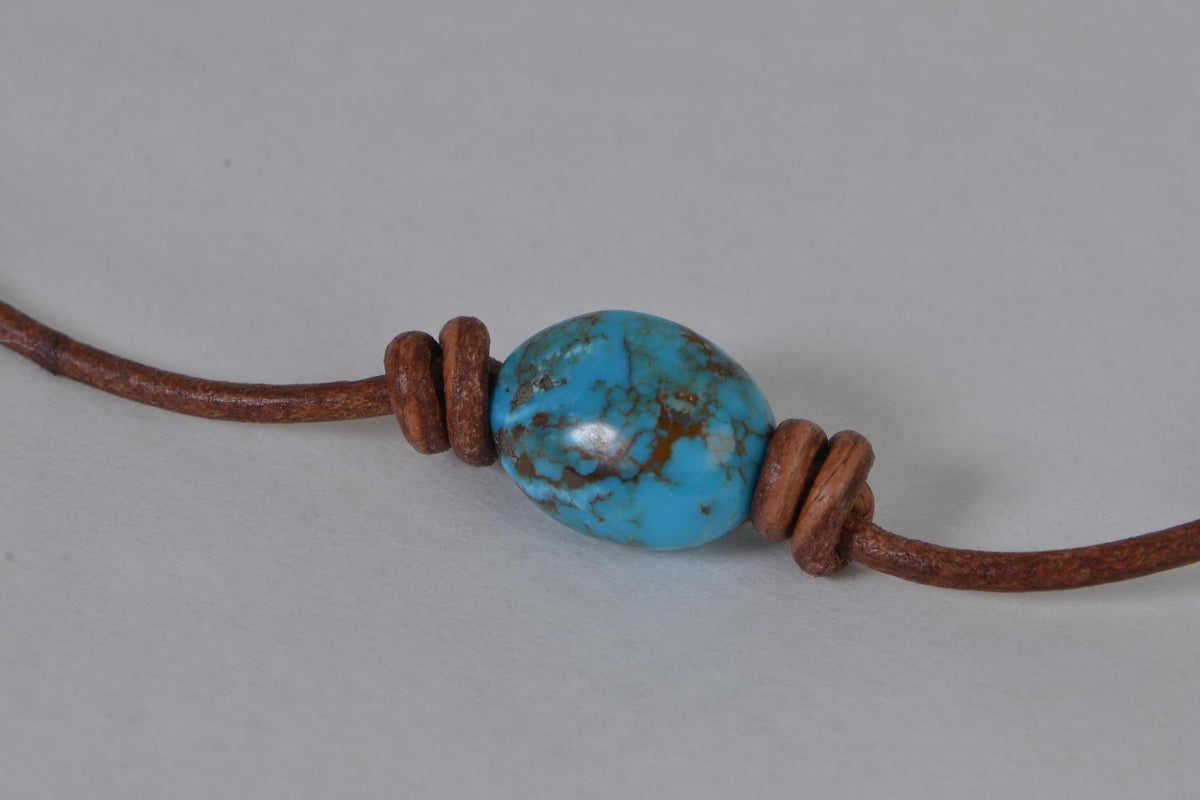 Sleeping Beauty Nuggets Turquoise  On Leather Choker  Necklace Single Bead Knotted