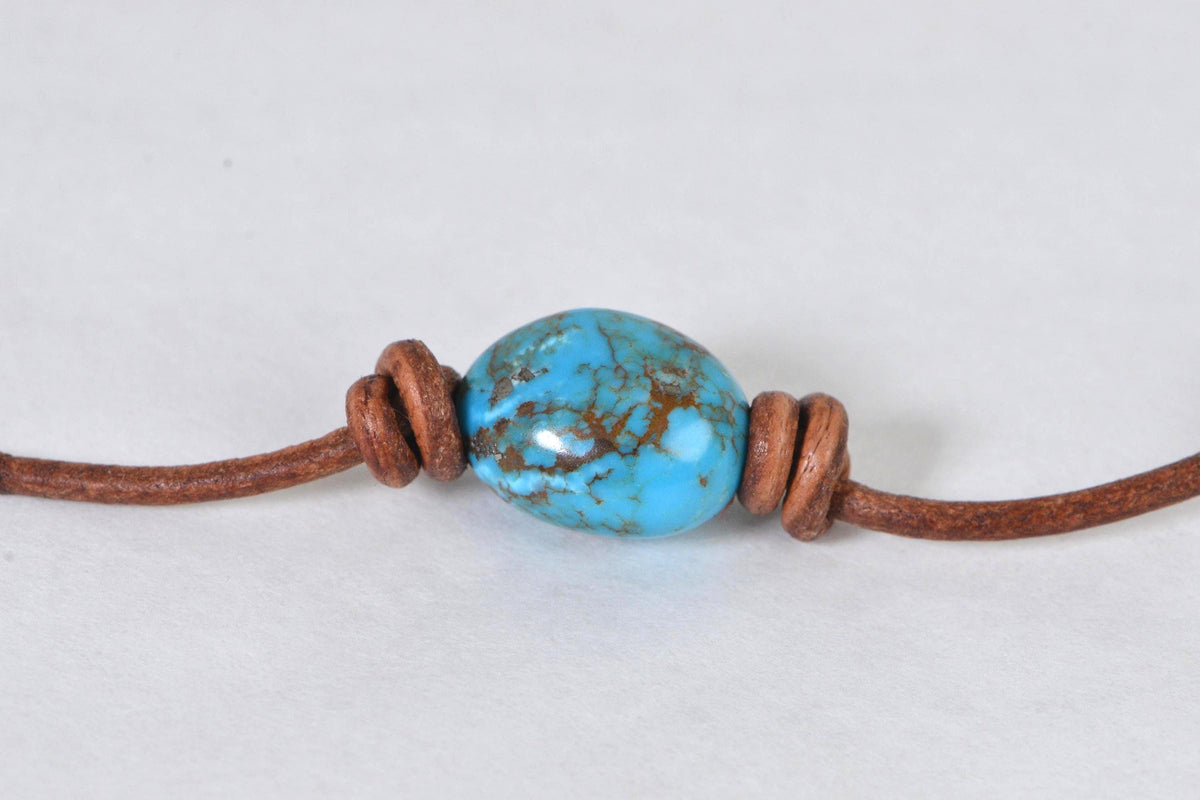 Sleeping Beauty Nuggets Turquoise  On Leather Choker  Necklace Single Bead Knotted
