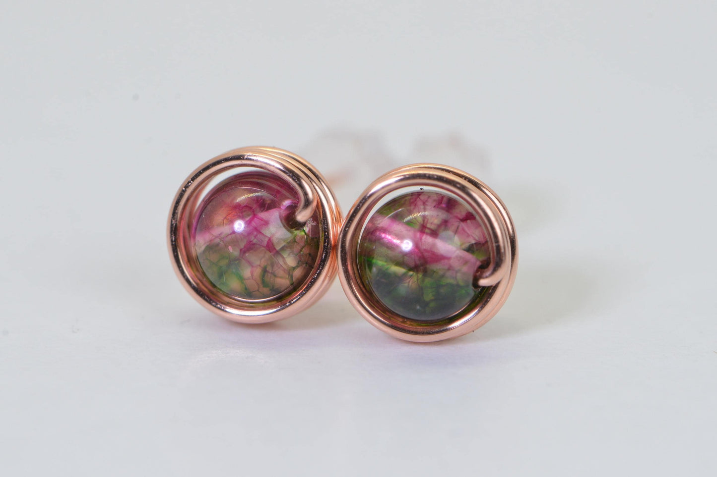 Handmade Watermelon Tourmaline Copper Stud Earrings: Natural Jade