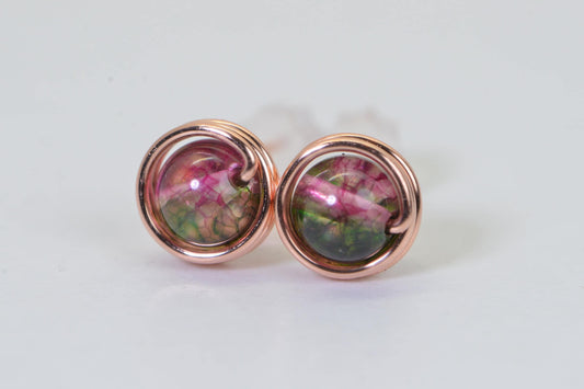 Handmade Watermelon Tourmaline Copper Stud Earrings: Natural Jade