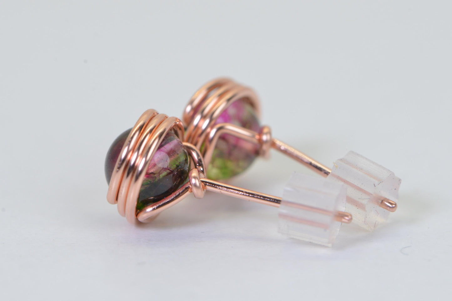 Handmade Watermelon Tourmaline Copper Stud Earrings: Natural Jade