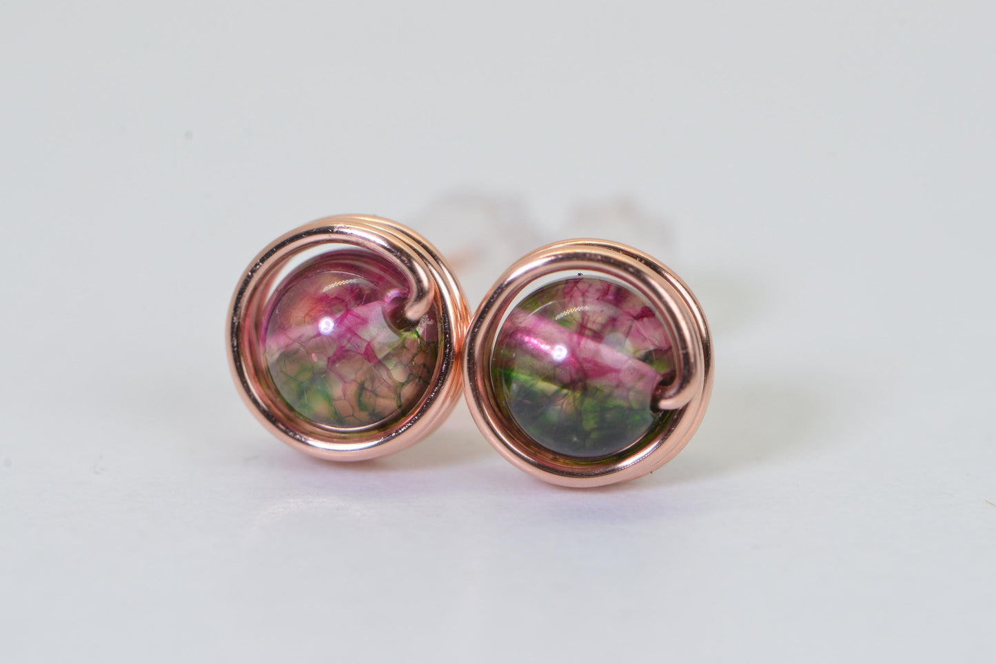 Handmade Watermelon Tourmaline Copper Stud Earrings: Natural Jade
