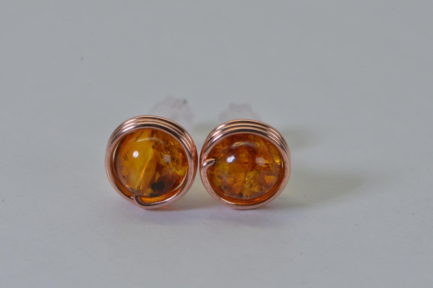 Handmade Copper Wire Wrapped Amber Stud Earrings (8mm)