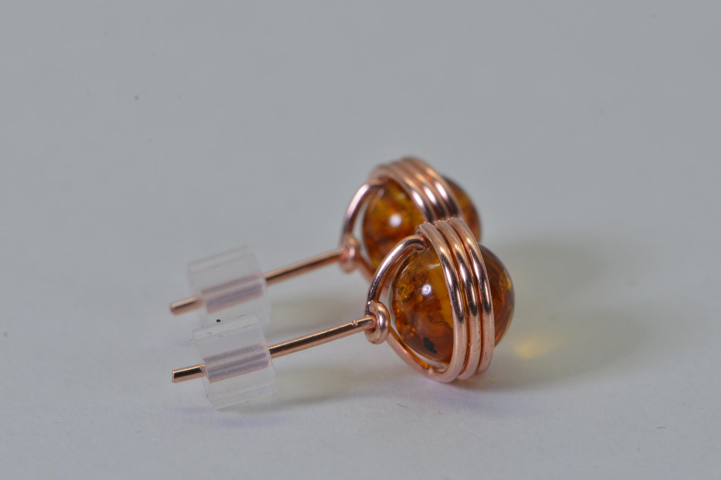 Handmade Copper Wire Wrapped Amber Stud Earrings (8mm)