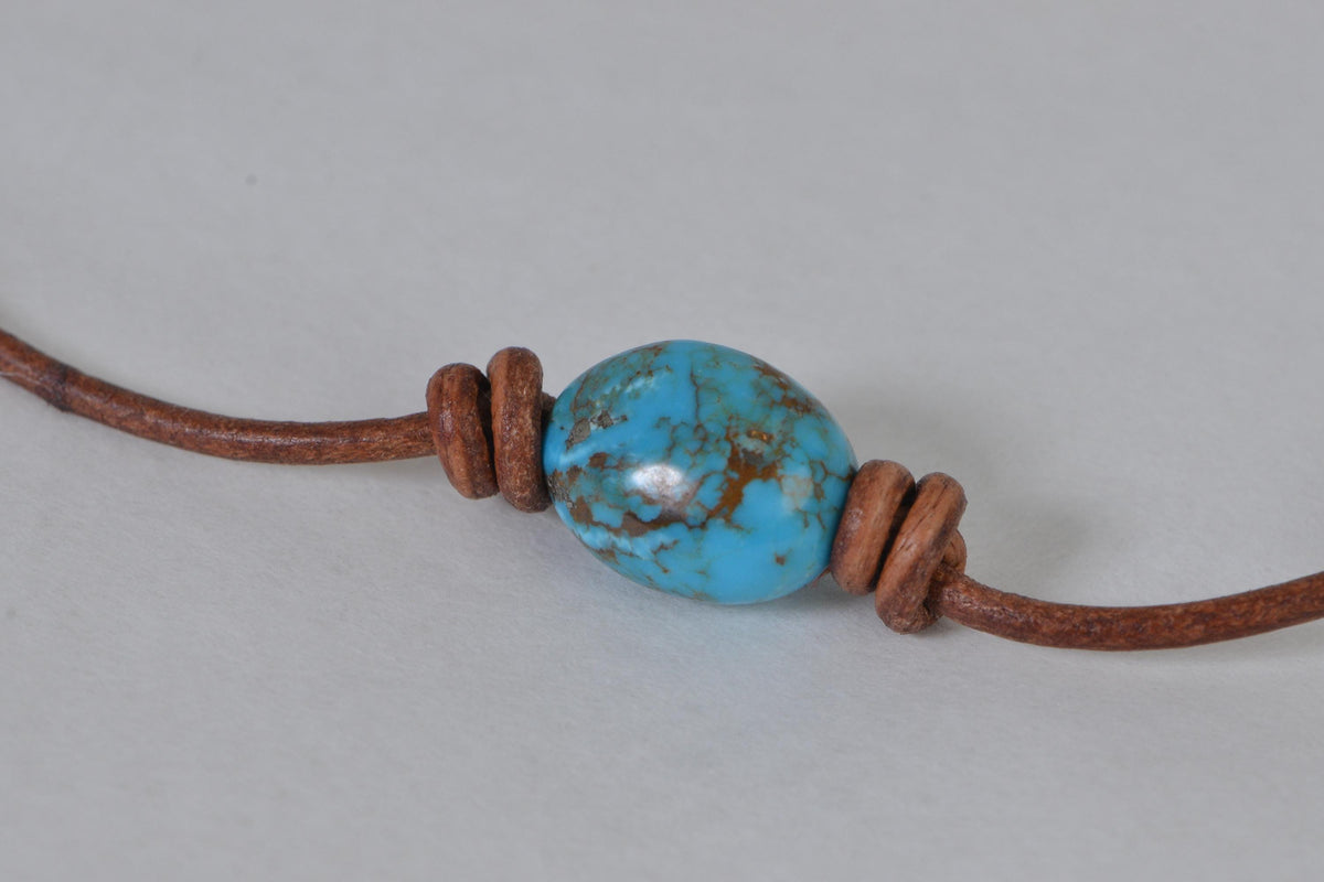 Sleeping Beauty Nuggets Turquoise  On Leather Choker  Necklace Single Bead Knotted
