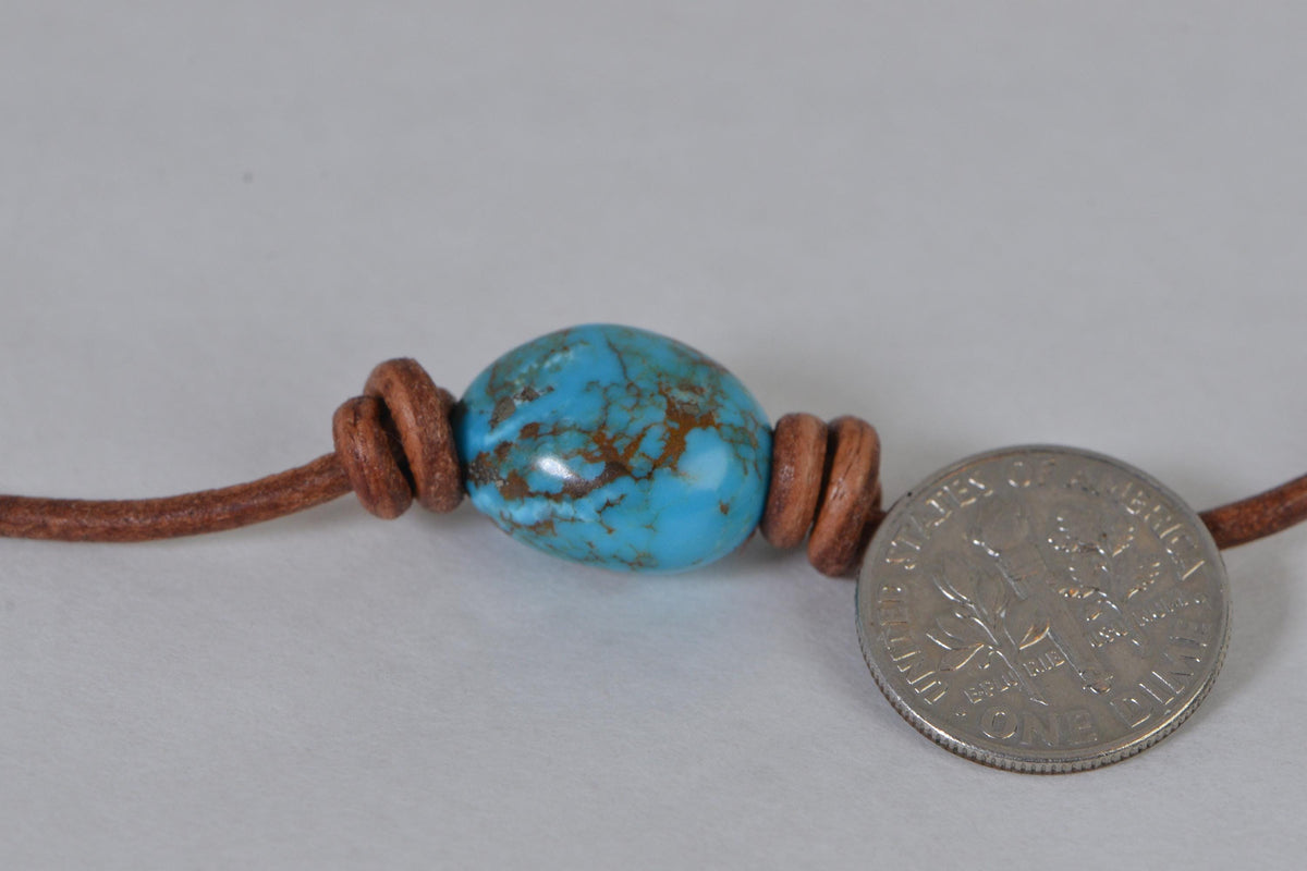 Sleeping Beauty Nuggets Turquoise  On Leather Choker  Necklace Single Bead Knotted