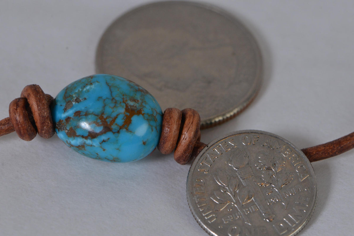 Sleeping Beauty Nuggets Turquoise  On Leather Choker  Necklace Single Bead Knotted