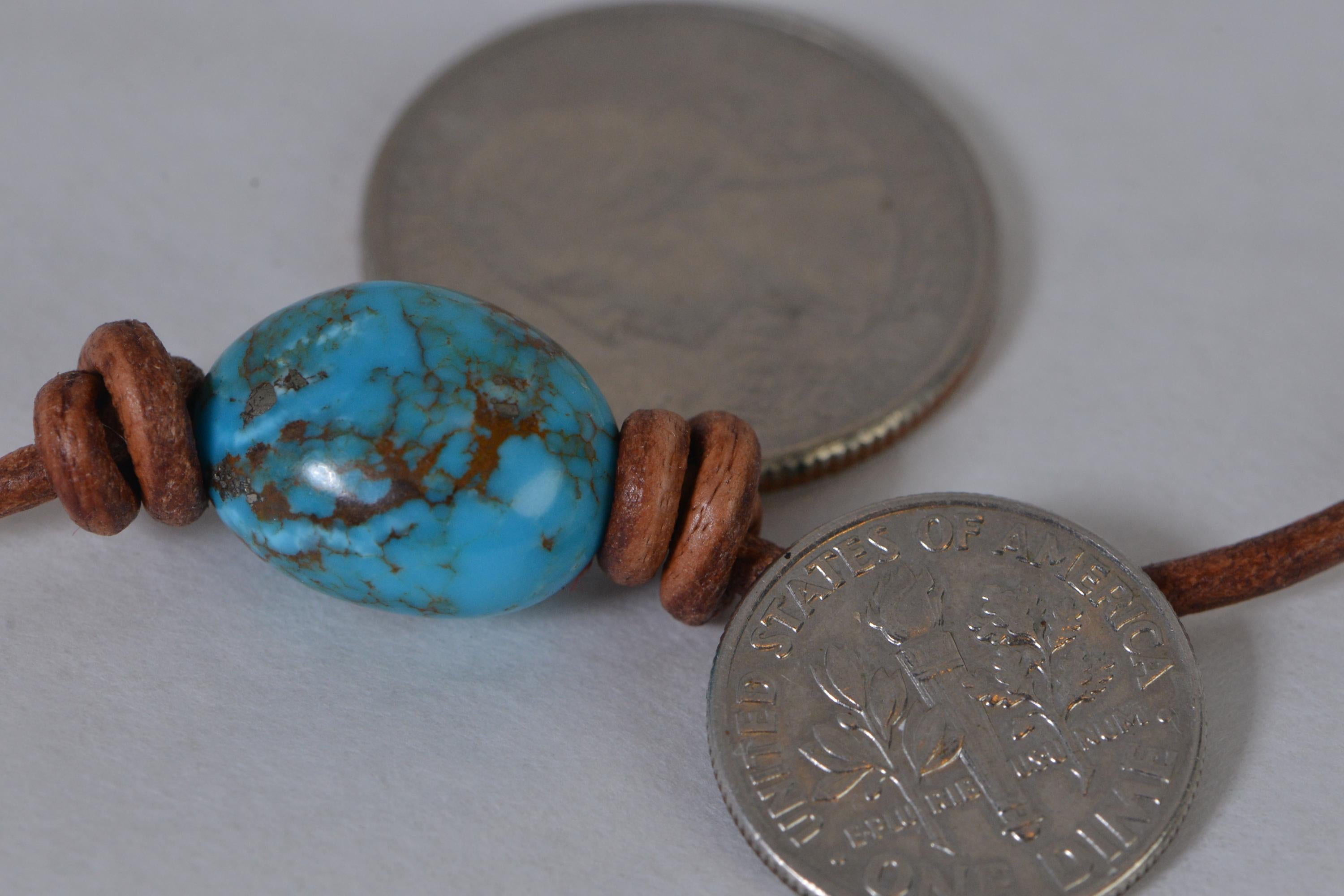 Sleeping Beauty Nuggets Turquoise  On Leather Choker  Necklace Single Bead Knotted