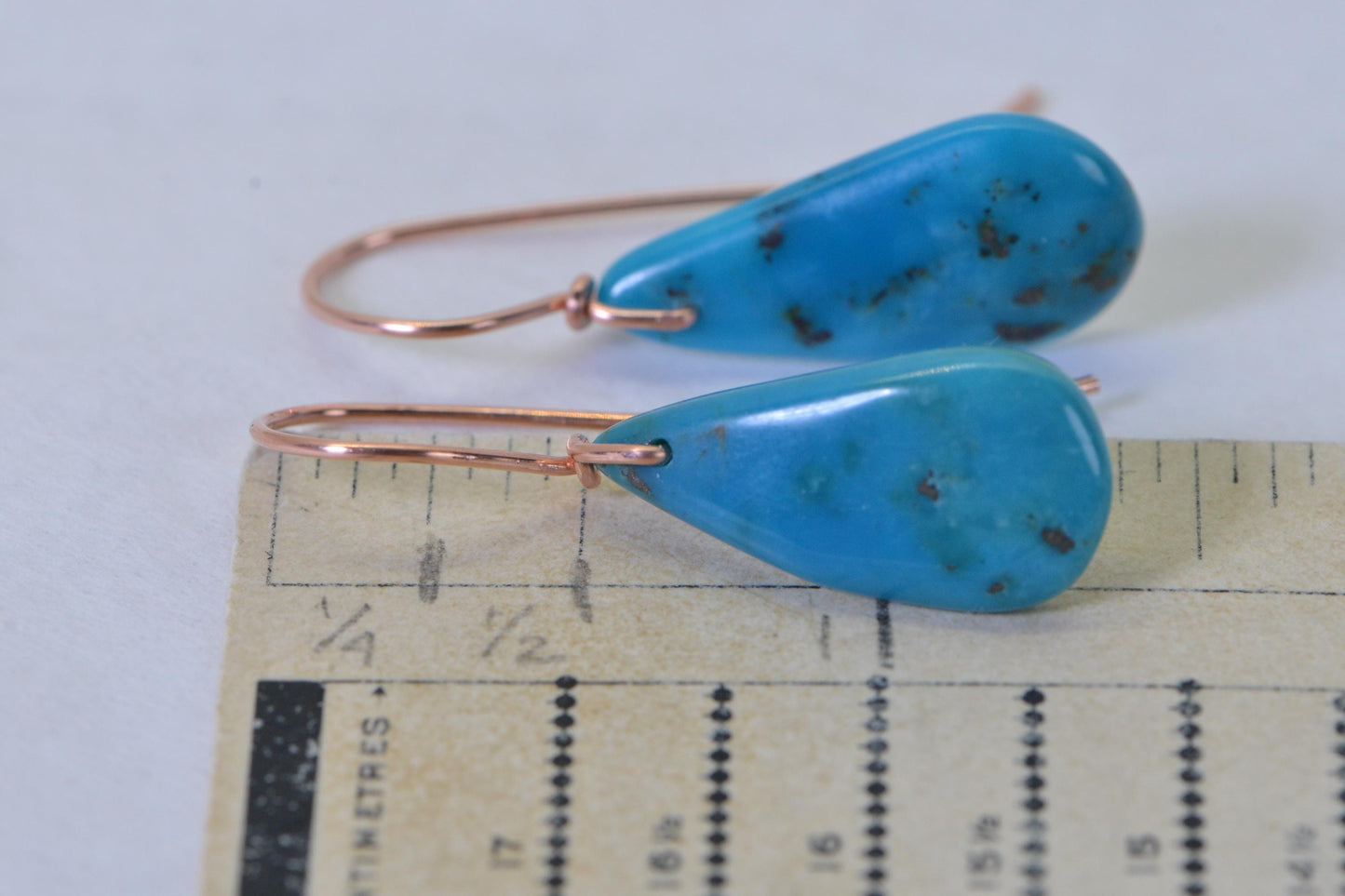 Blue Turquoise Slabs Teardrop Earrings, Copper Wire Wrapped Dangle Drop