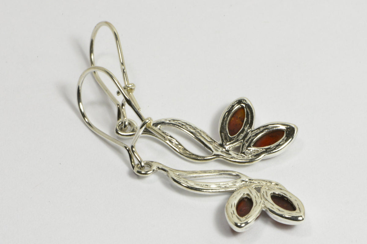 Baltic Amber Earrings: Sterling Silver Branch Leaf Dangle Earrings