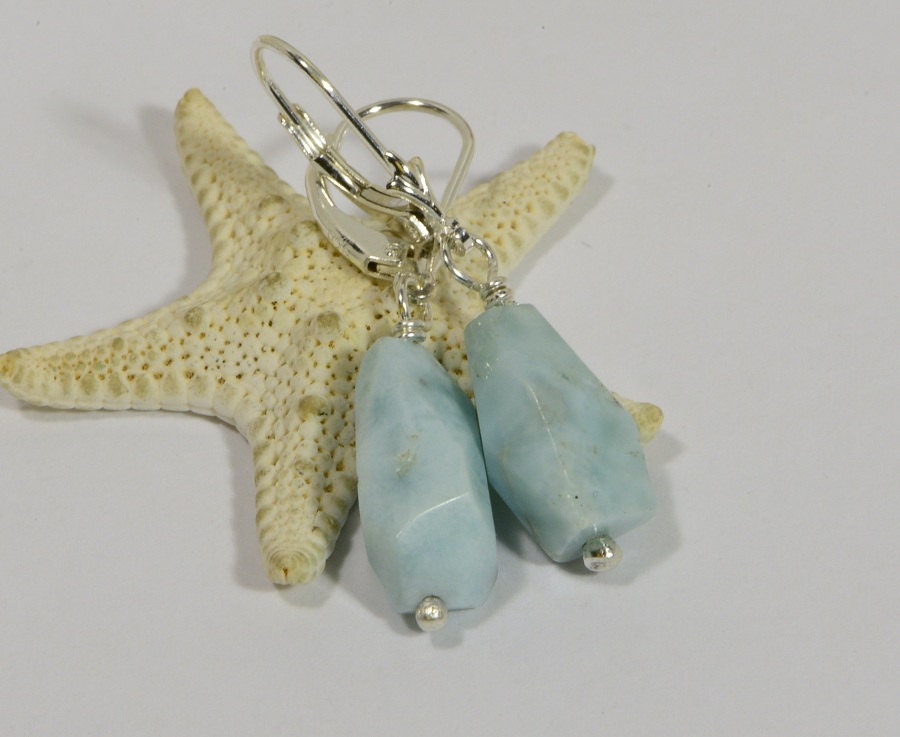 Larimar Earrings - Sterling Silver Wire Wrapped Lever Back, Handmade