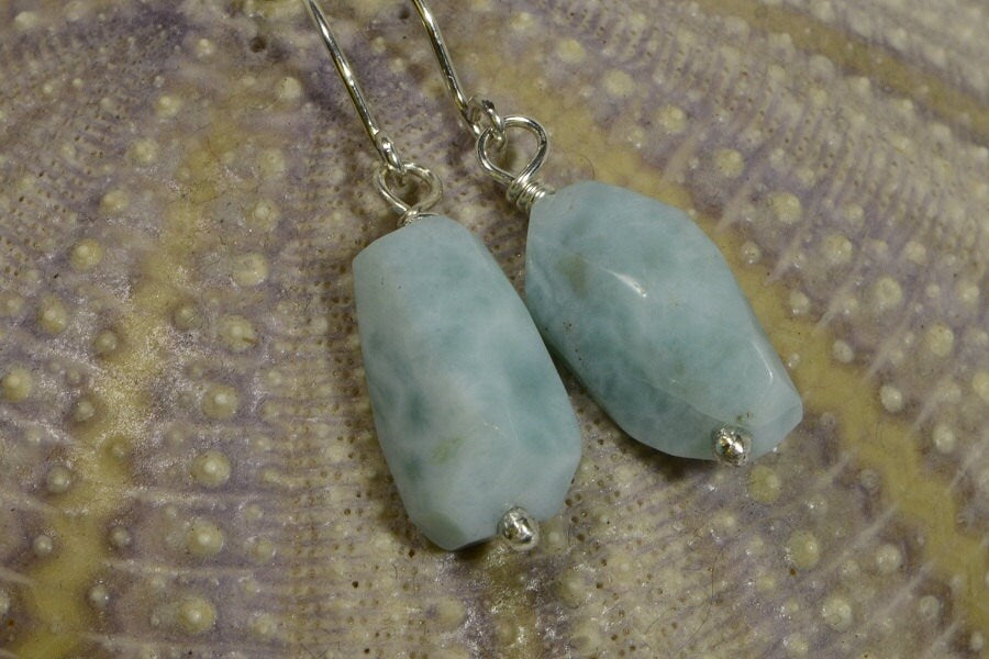 Larimar Earrings - Sterling Silver Wire Wrapped Lever Back, Handmade