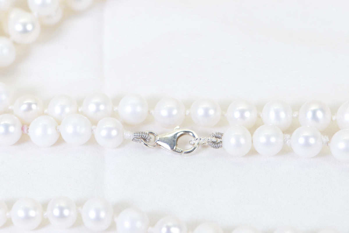 White Freshwater Pearl Long Knotted Necklace – 8mm Round Genuine Pearls on Natural Silk Thread