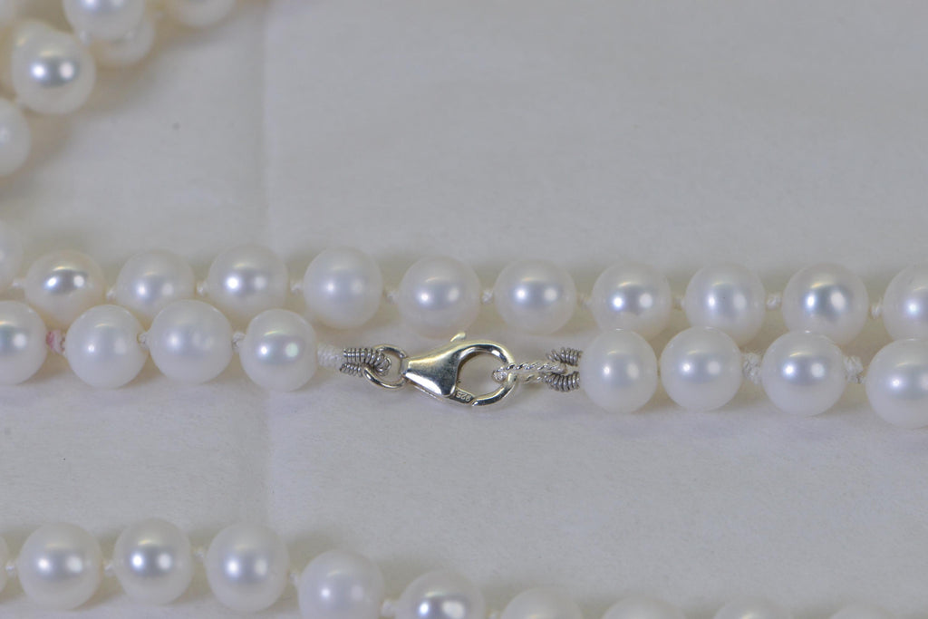 White Freshwater Pearl Long Knotted Necklace – 8mm Round Genuine Pearls on Natural Silk Thread