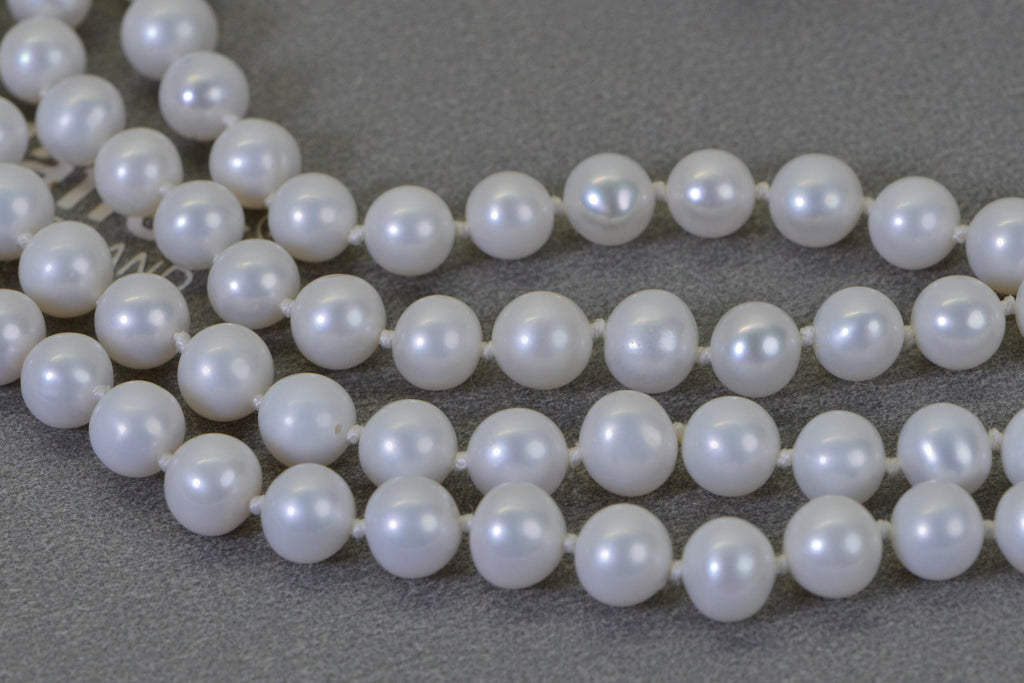 White Freshwater Pearl Long Knotted Necklace – 8mm Round Genuine Pearls on Natural Silk Thread