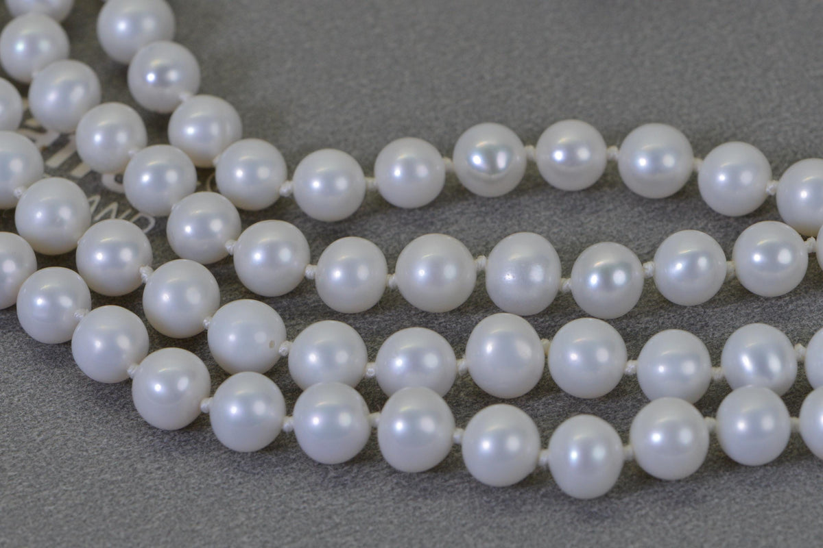 White Freshwater Pearl Long Knotted Necklace – 8mm Round Genuine Pearls on Natural Silk Thread