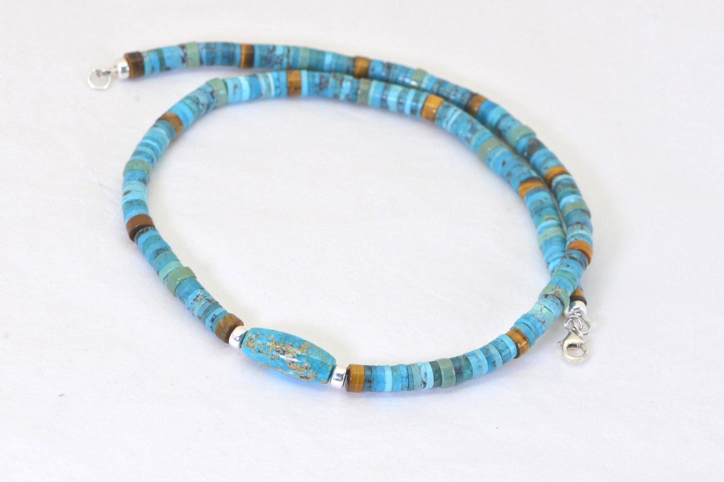Kingman Turquoise Necklace, Genuine American Turquoise, Sterling Silver Choker Large Heishi