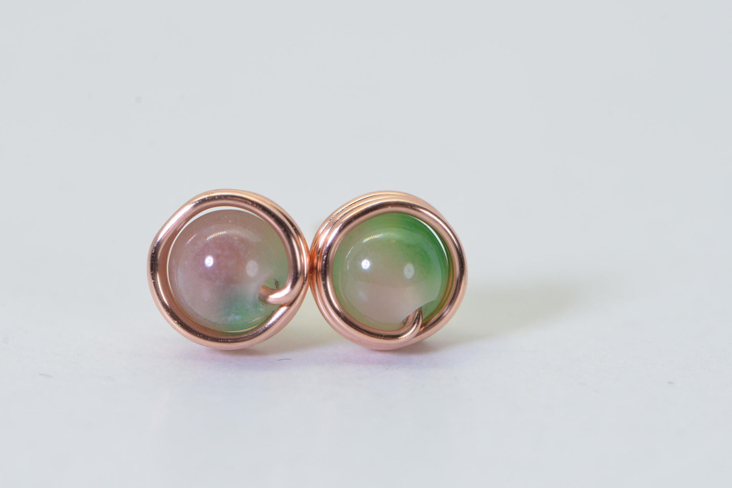 Handmade Watermelon Tourmaline Copper Stud Earrings: Natural Jade