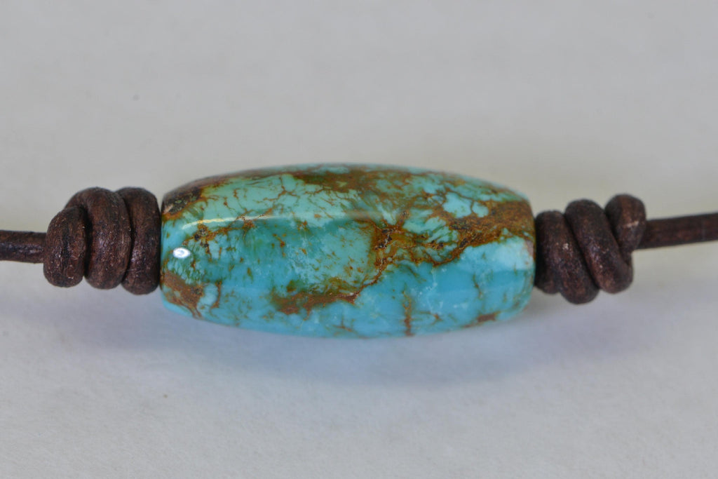 Royston Turquoise Barrel Pendant Necklace – Large Statement Stone on Leather Cord – Handmade Men's Gift