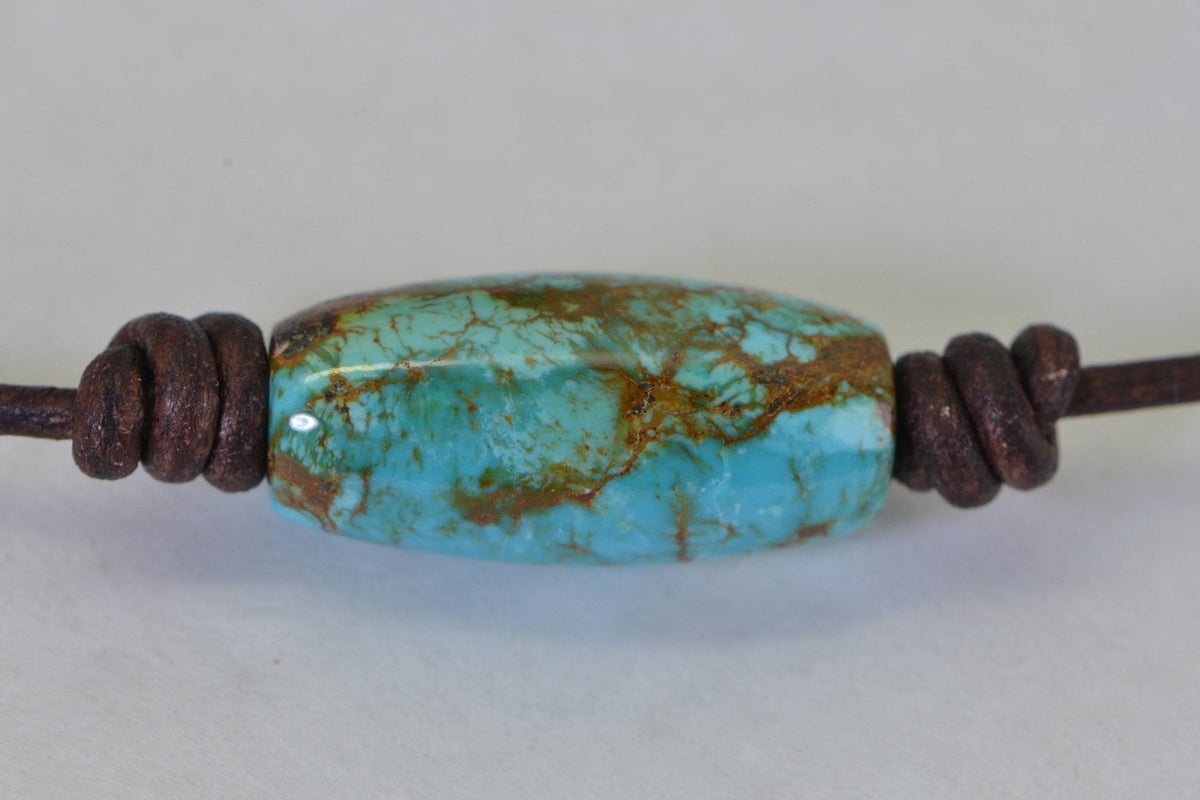 Royston Turquoise Barrel Pendant Necklace – Large Statement Stone on Leather Cord – Handmade Men's Gift