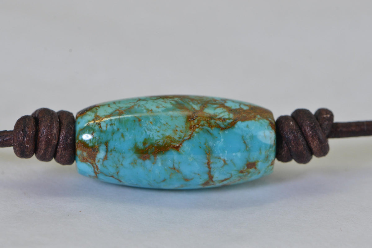 Royston Turquoise Barrel Pendant Necklace – Large Statement Stone on Leather Cord – Handmade Men's Gift