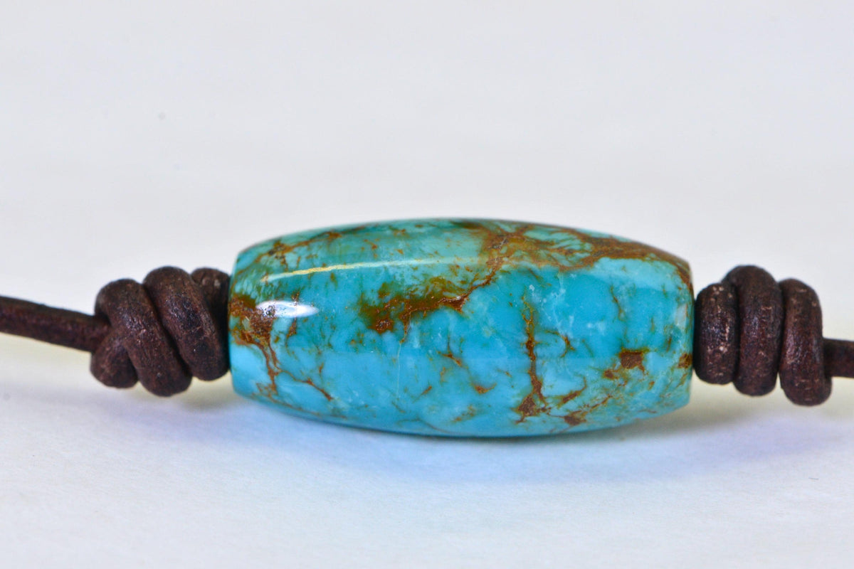 Royston Turquoise Barrel Pendant Necklace – Large Statement Stone on Leather Cord – Handmade Men's Gift