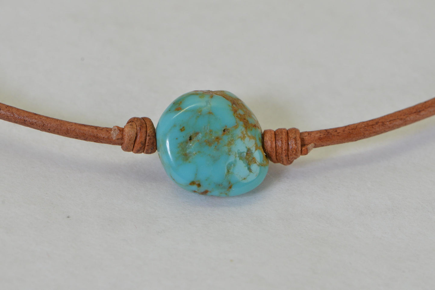 Royston Turquoise Necklace: Natural Leather Cord, Sterling Silver Clasp