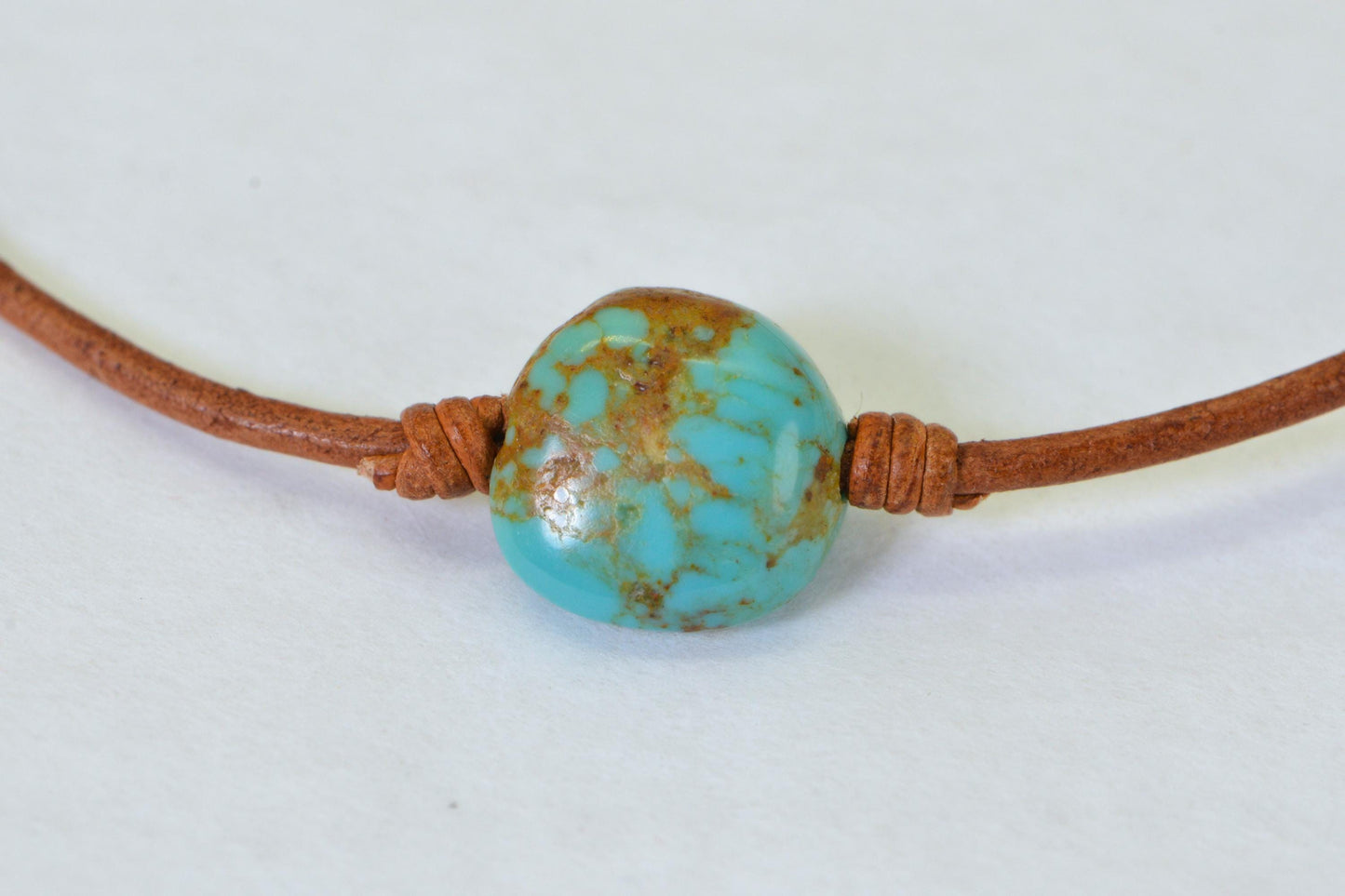 Royston Turquoise Necklace: Natural Leather Cord, Sterling Silver Clasp