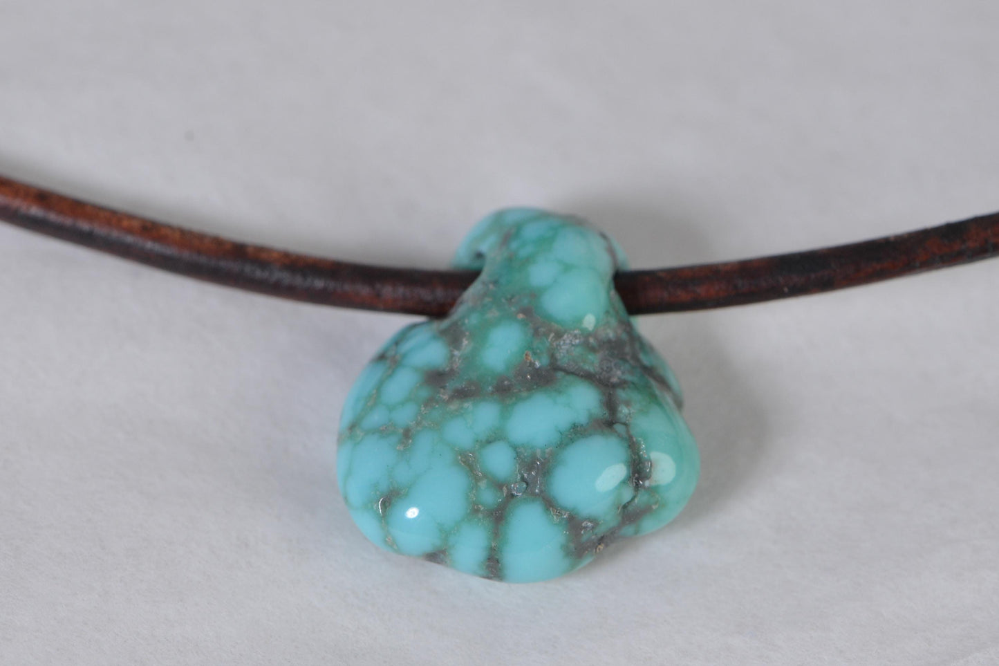 38ct Kingman Turquoise Necklace: Leather Cord Amulet, Sterling Silver Clasp