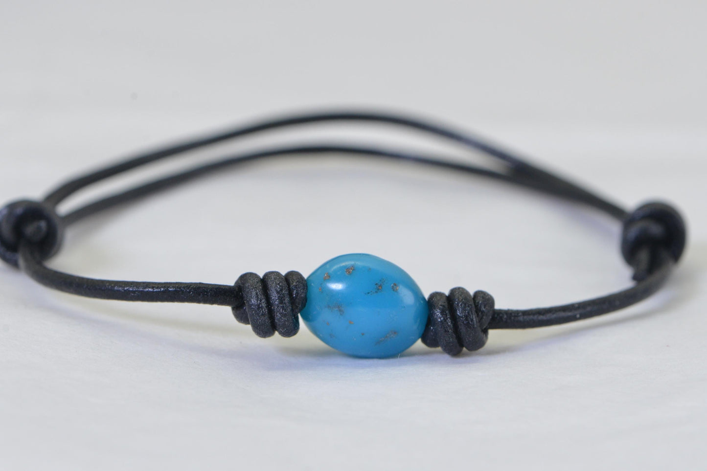 Natural Sleeping Beauty Turquoise Nugget Bracelet, Hand-Polished, Distressed Leather Cord, Adjustable Knot