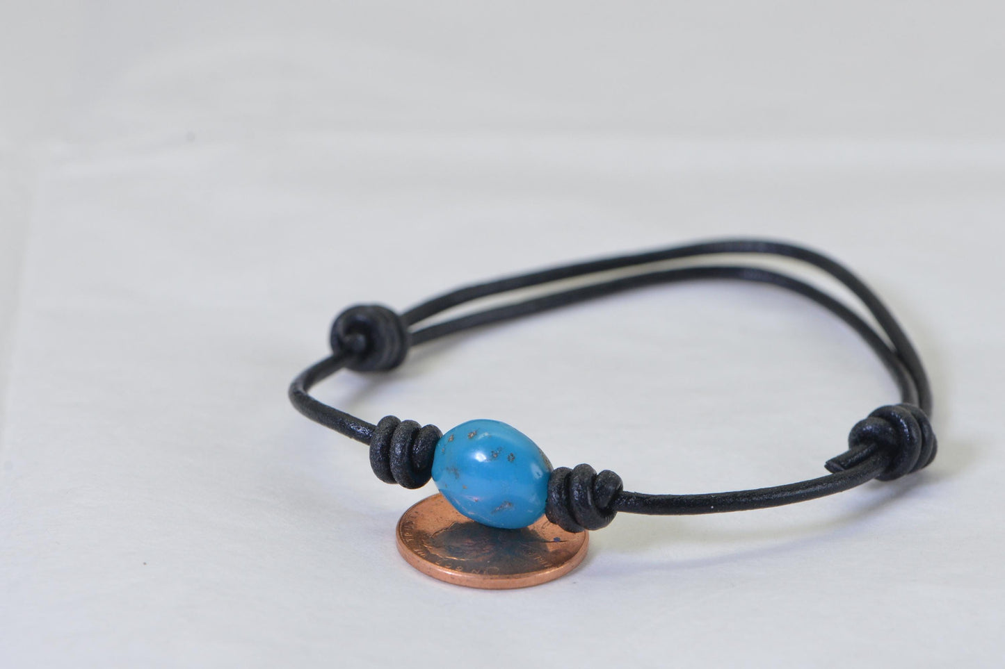 Natural Sleeping Beauty Turquoise Nugget Bracelet, Hand-Polished, Distressed Leather Cord, Adjustable Knot