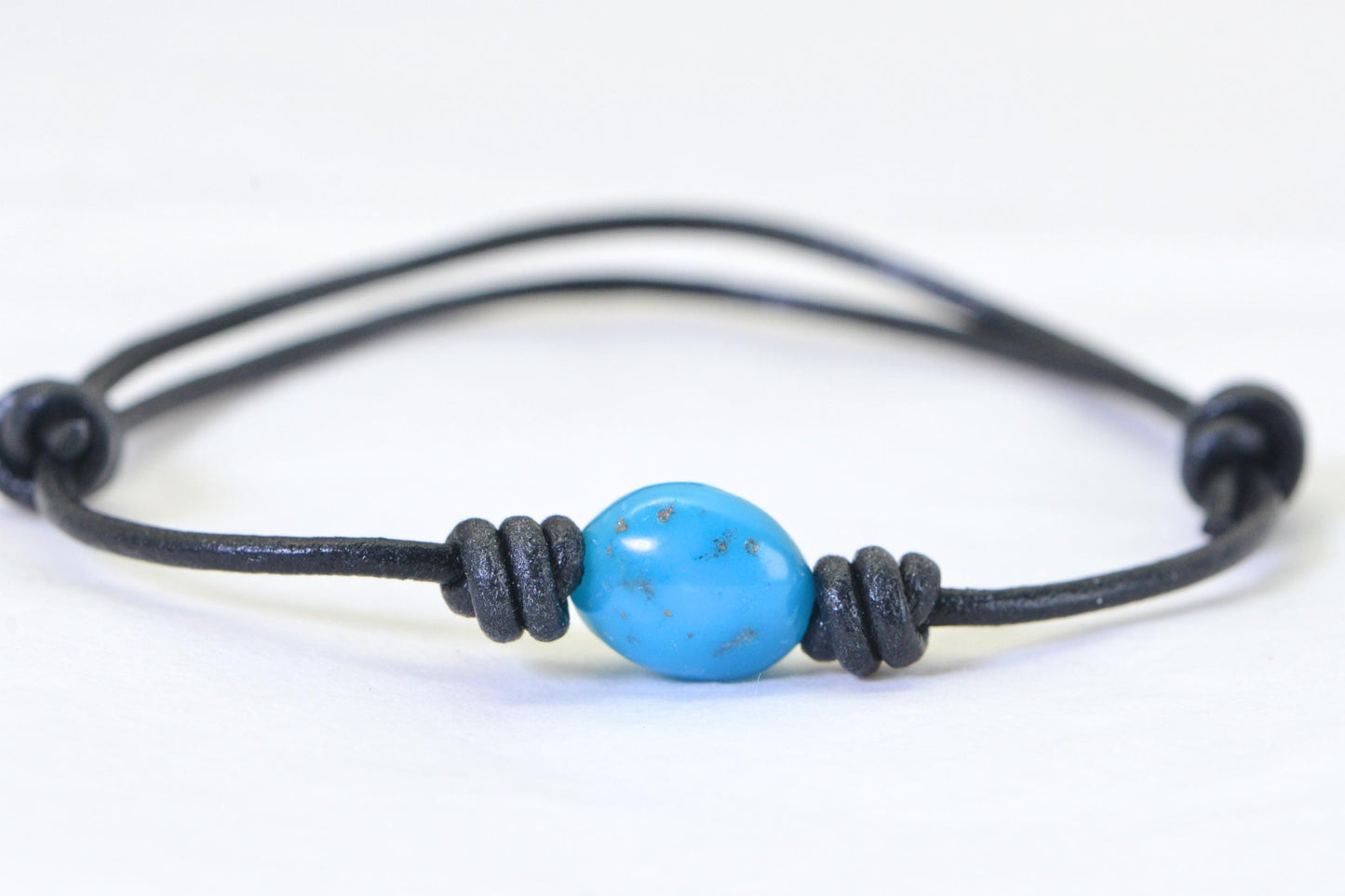 Natural Sleeping Beauty Turquoise Nugget Bracelet, Hand-Polished, Distressed Leather Cord, Adjustable Knot