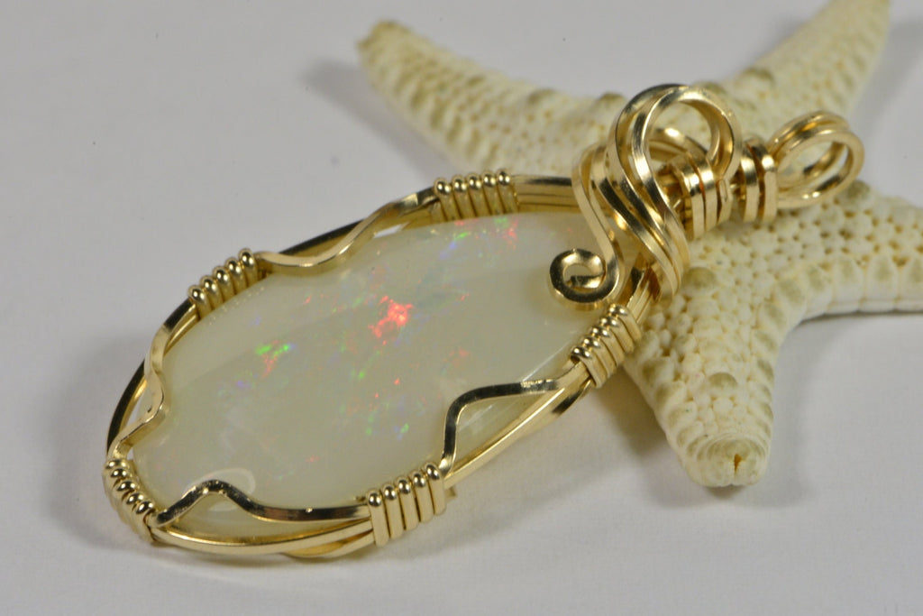 Australian Opal Pendant: 14K Gold Wire Wrapped Coober Pedy Teardrop Necklace