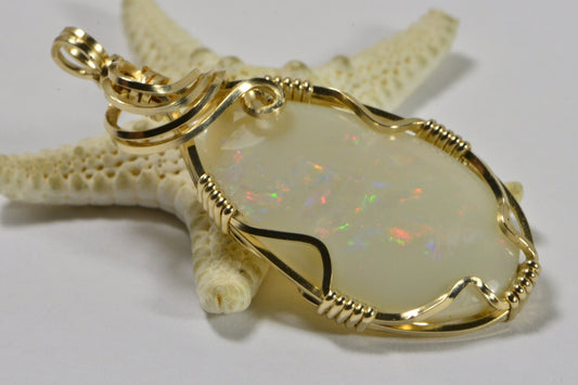 Australian Opal Pendant: 14K Gold Wire Wrapped Coober Pedy Teardrop Necklace