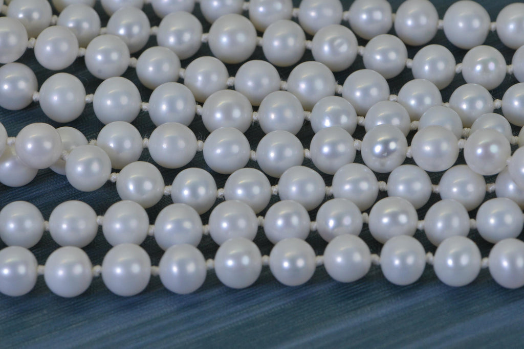 White Freshwater Pearl Long Knotted Necklace – 8mm Round Genuine Pearls on Natural Silk Thread