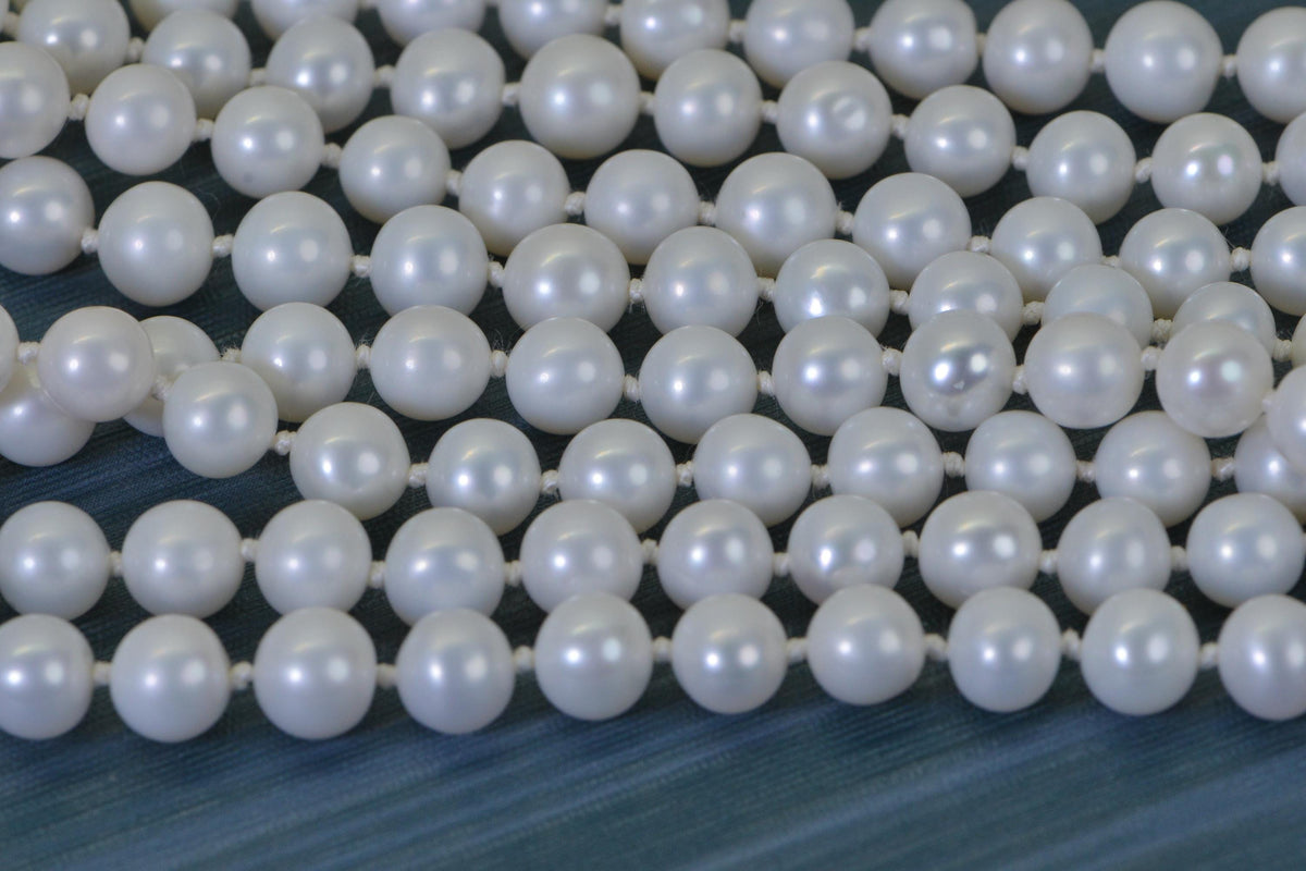 White Freshwater Pearl Long Knotted Necklace – 8mm Round Genuine Pearls on Natural Silk Thread