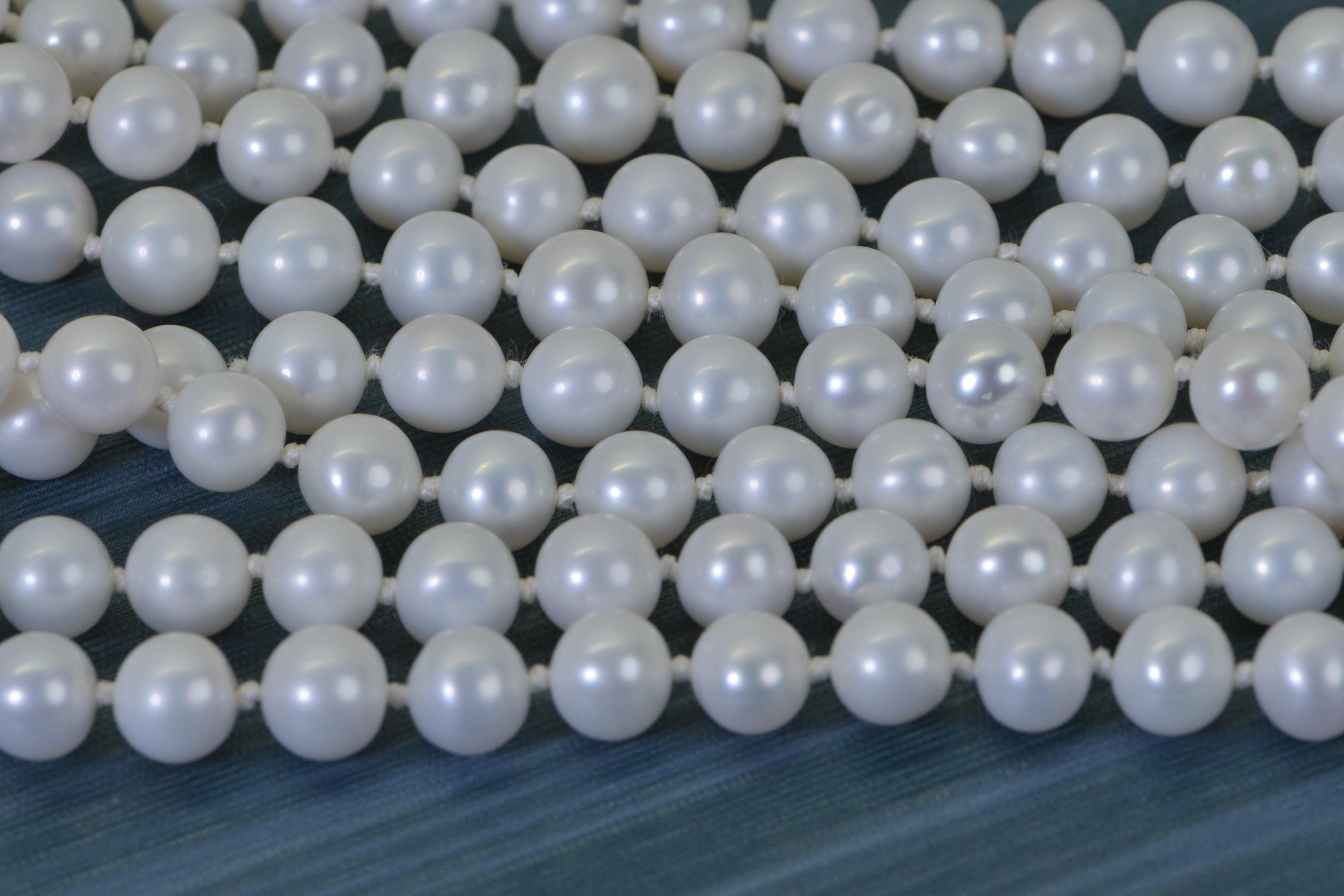 White Freshwater Pearl Long Knotted Necklace – 8mm Round Genuine Pearls on Natural Silk Thread