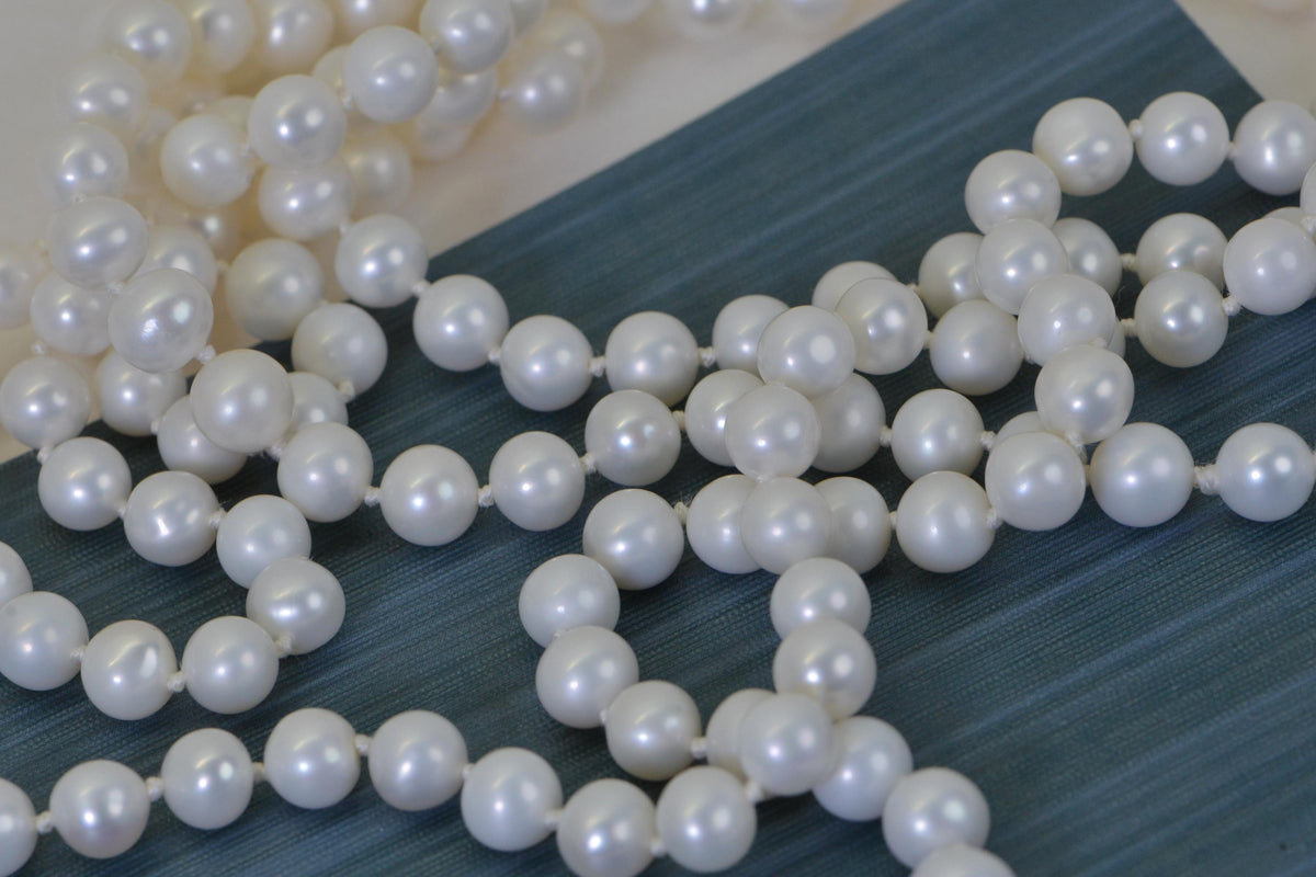 White Freshwater Pearl Long Knotted Necklace – 8mm Round Genuine Pearls on Natural Silk Thread