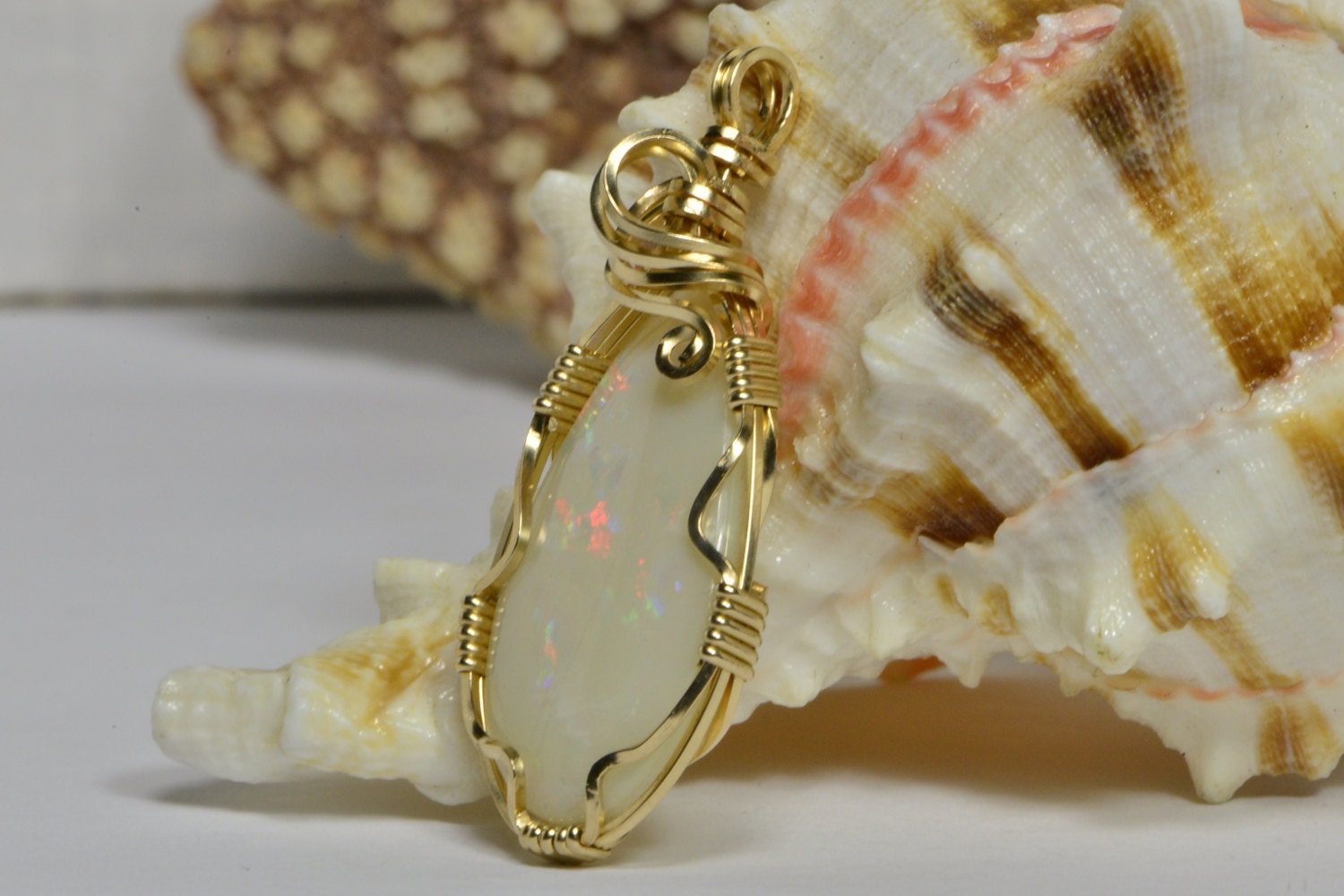 Australian Opal Pendant: 14K Gold Wire Wrapped Coober Pedy Teardrop Necklace
