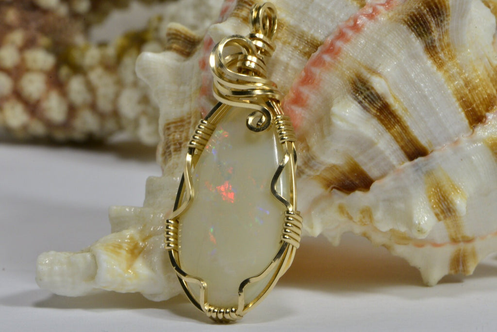 Australian Opal Pendant: 14K Gold Wire Wrapped Coober Pedy Teardrop Necklace