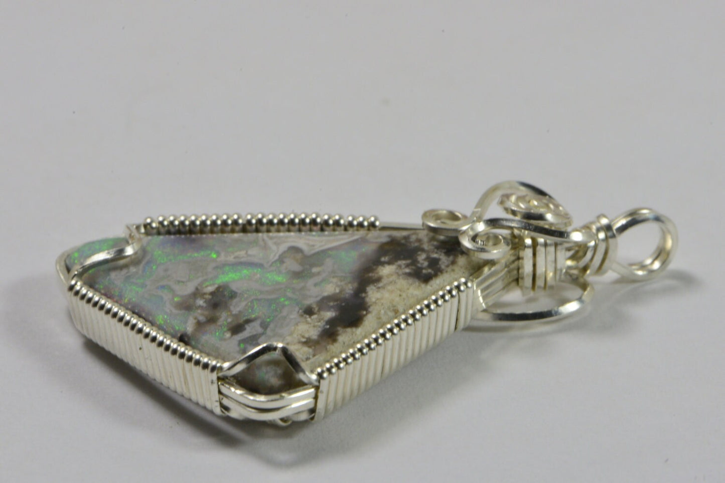 Handmade Australian Opal Pendant, Sterling Silver Wire Wrapped Jewelry