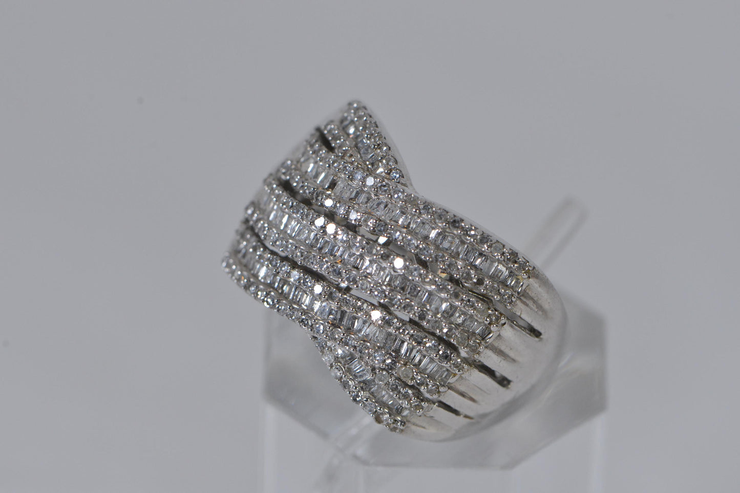 14K White Gold Diamond Ring Turban Style Cross Rows Baguette and Round Cut Multi Stone Size 10US