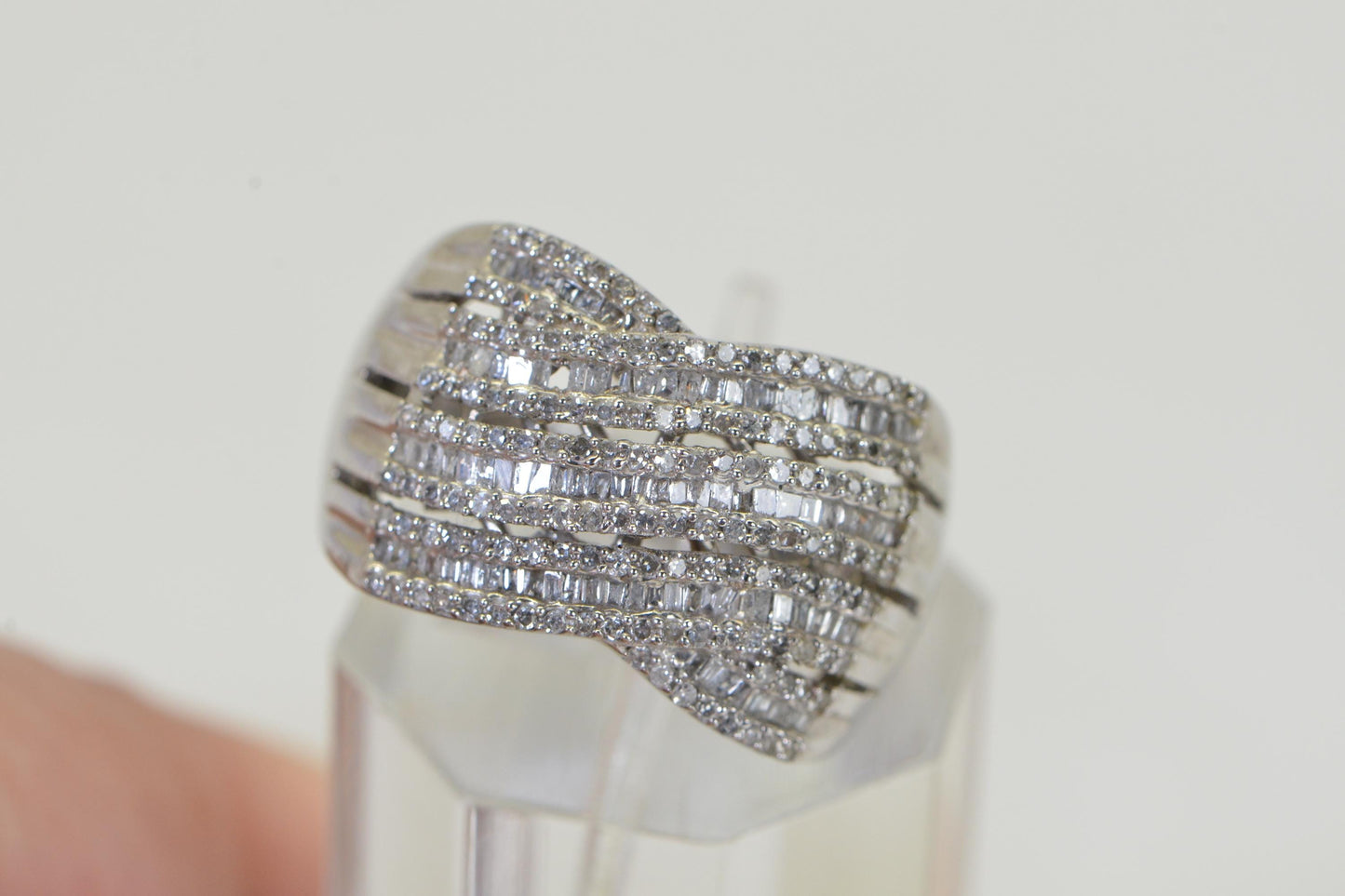 14K White Gold Diamond Ring Turban Style Cross Rows Baguette and Round Cut Multi Stone Size 10US