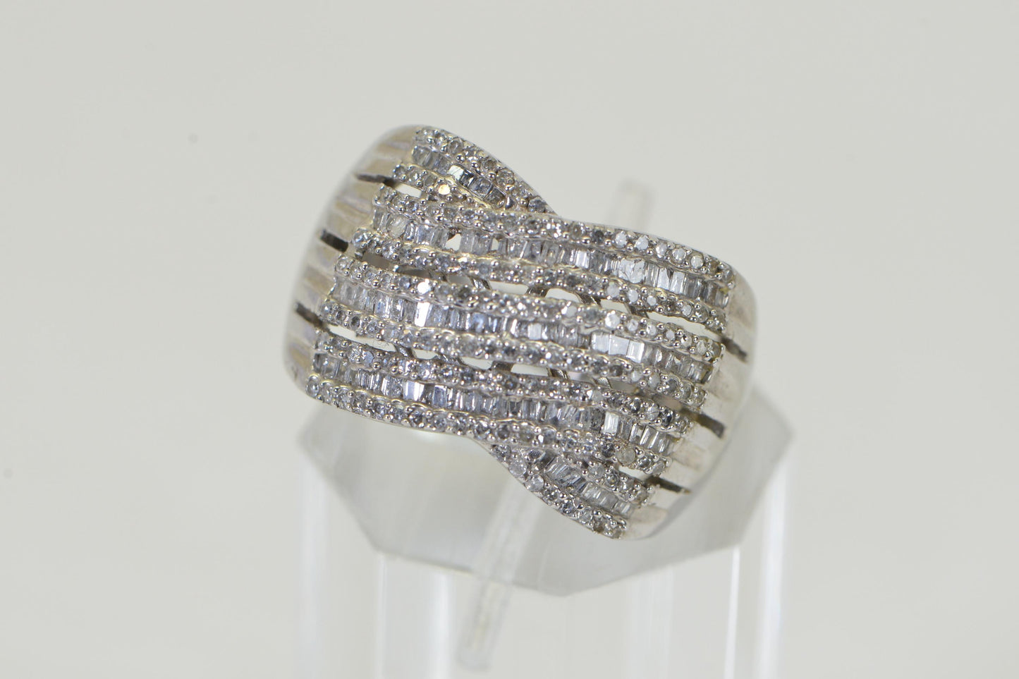 14K White Gold Diamond Ring Turban Style Cross Rows Baguette and Round Cut Multi Stone Size 10US