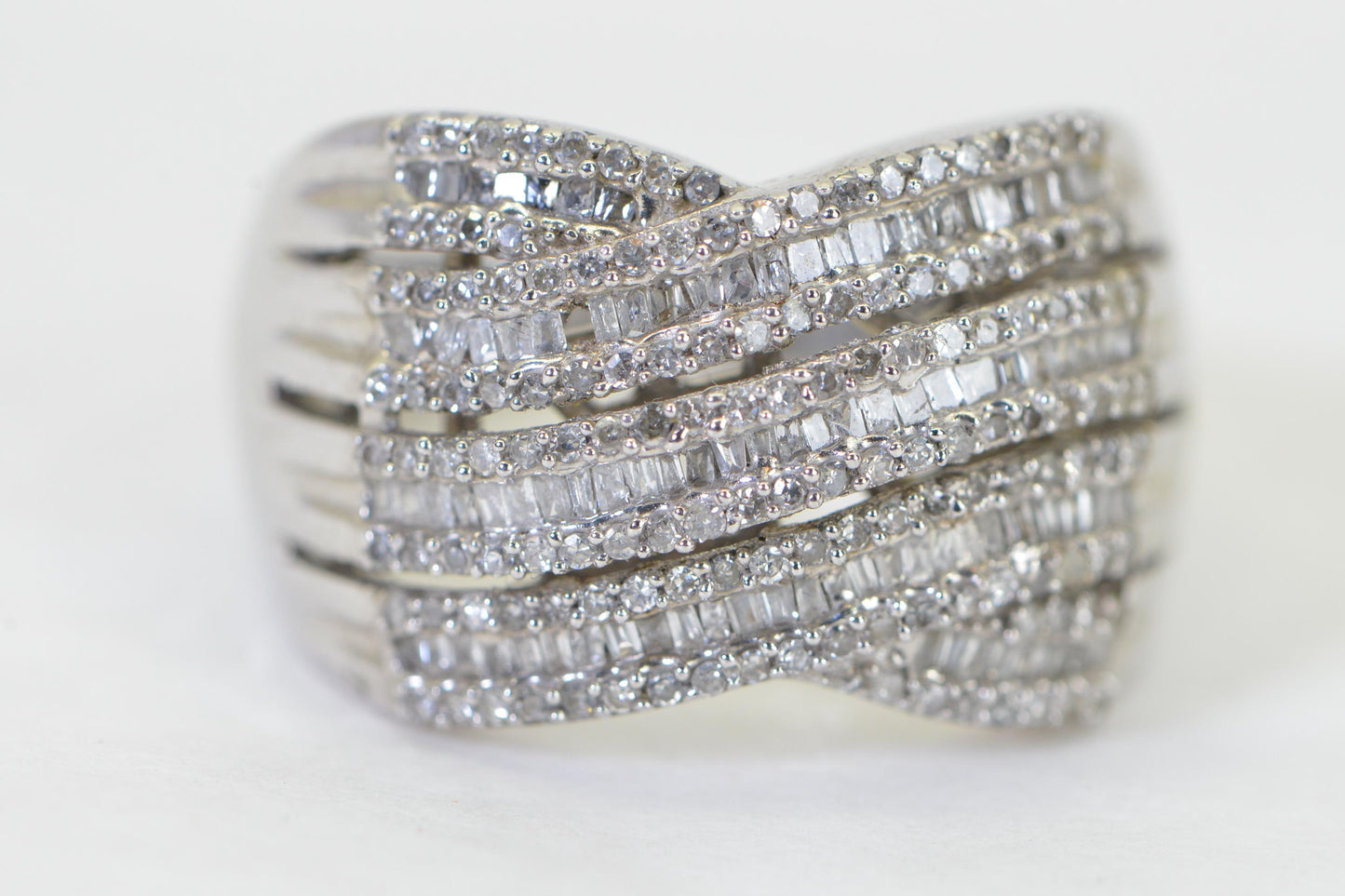 14K White Gold Diamond Ring Turban Style Cross Rows Baguette and Round Cut Multi Stone Size 10US