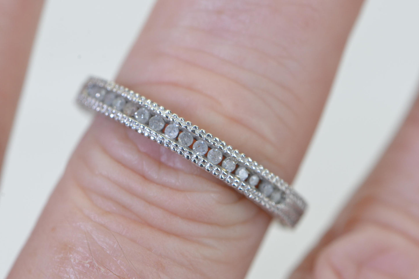 14K White Gold Natural Diamond Band Ring One Row Vintage Engagement Wedding Band