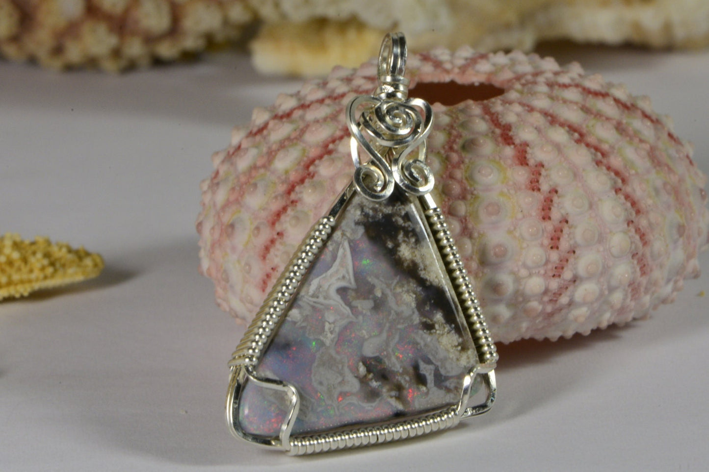 Handmade Australian Opal Pendant, Sterling Silver Wire Wrapped Jewelry