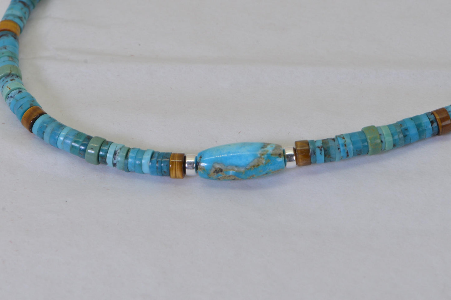 Kingman Turquoise Necklace, Genuine American Turquoise, Sterling Silver Choker Large Heishi