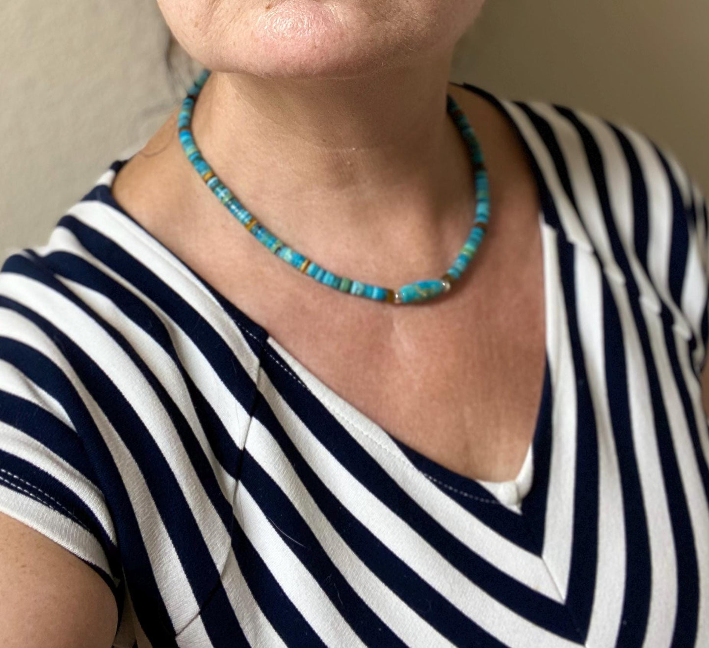 Kingman Turquoise Necklace, Genuine American Turquoise, Sterling Silver Choker Large Heishi